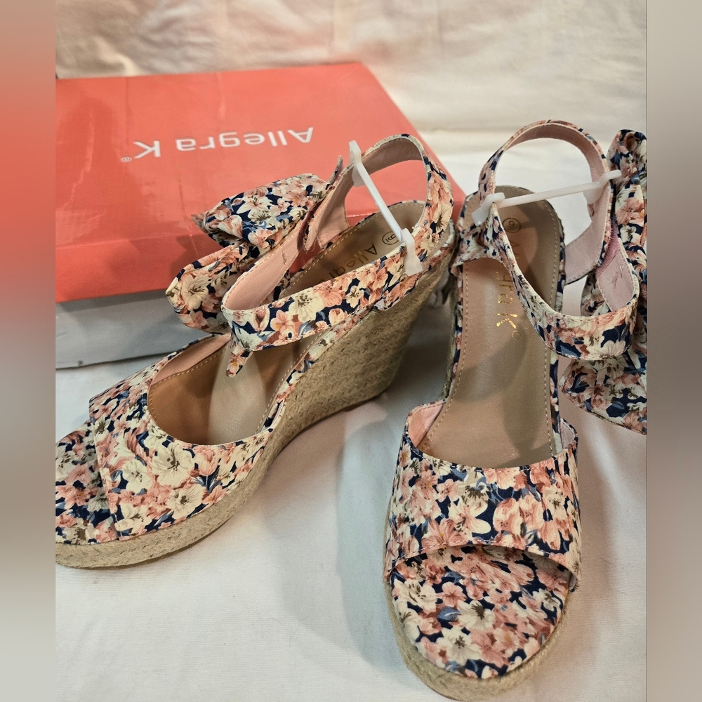 Allegra K Women's Floral Wedge Sandals - Blue and Pink